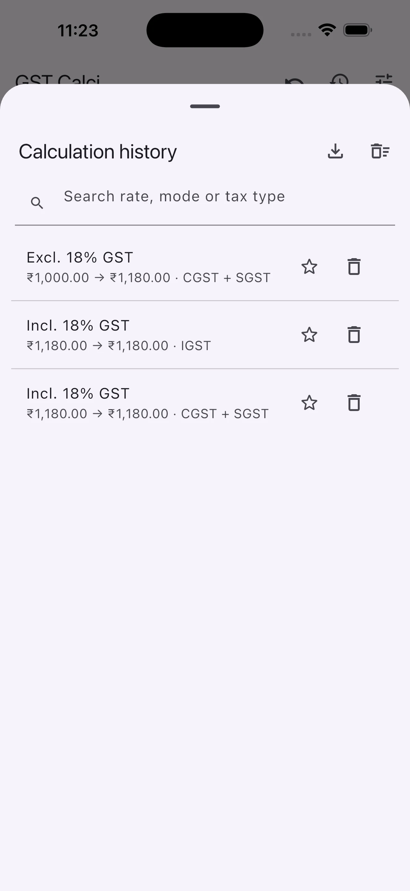 GST Calci calculation history screen