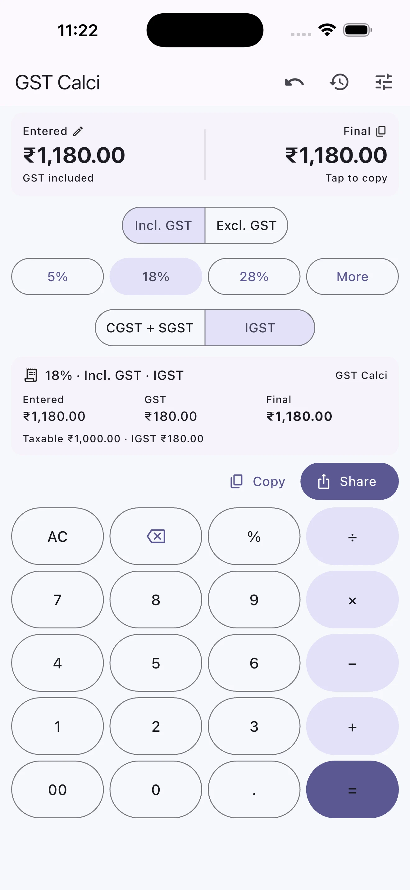 GST Calci inclusive IGST calculation screen