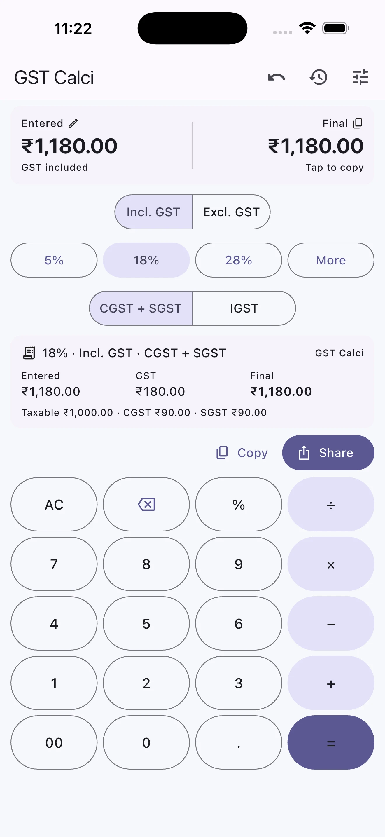 GST Calci tax calculation interface