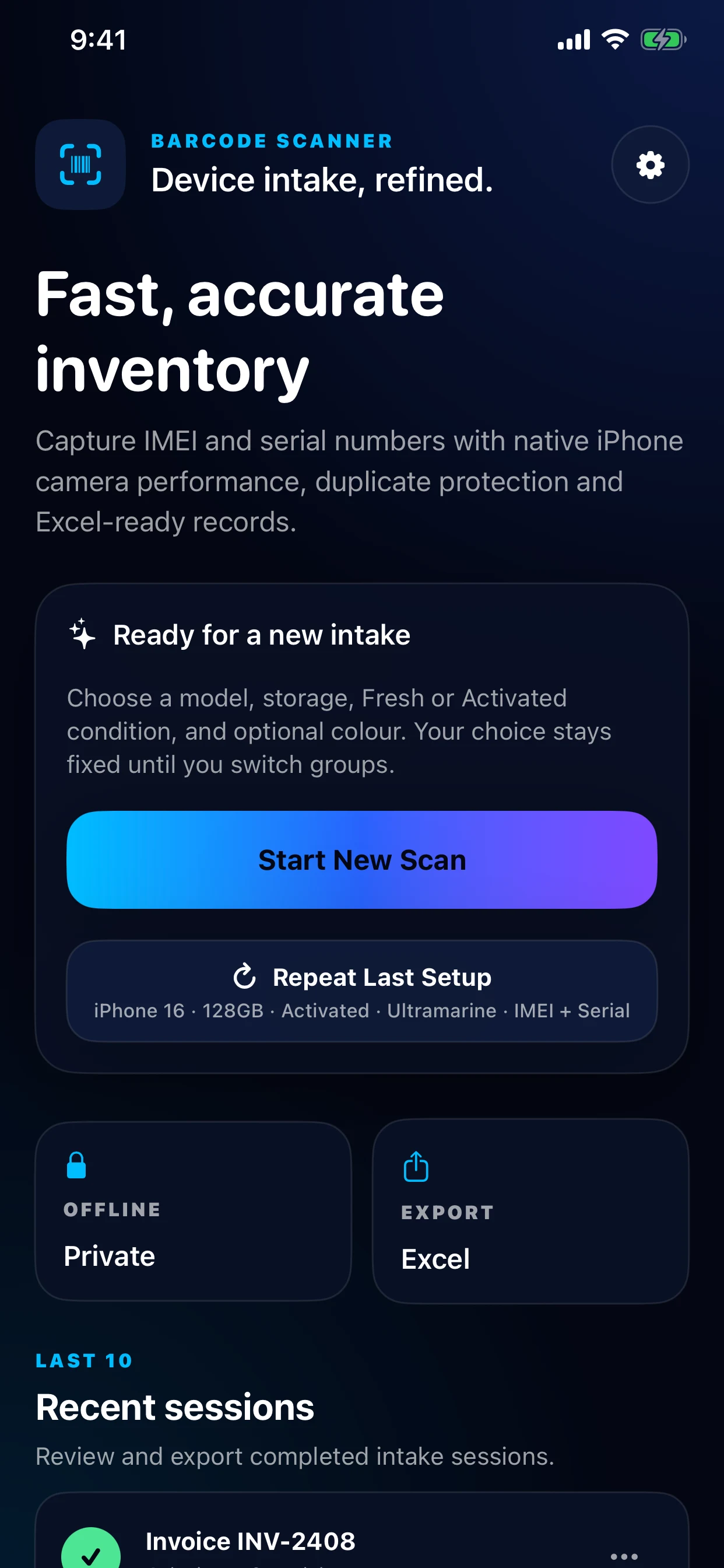 IMEI Barcode Scanner inventory capture interface