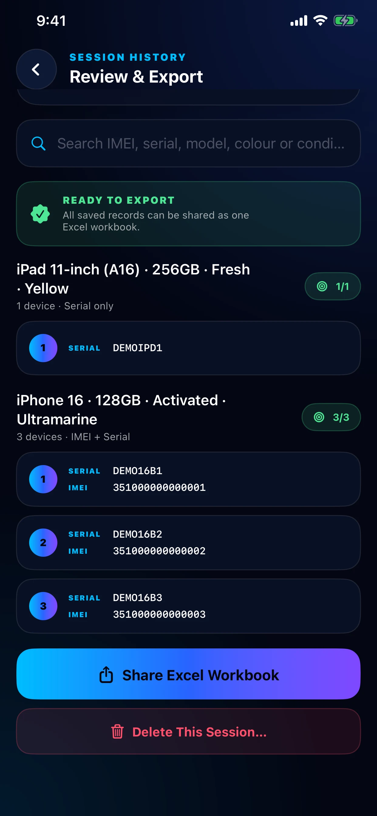 IMEI Barcode Scanner review and export screen