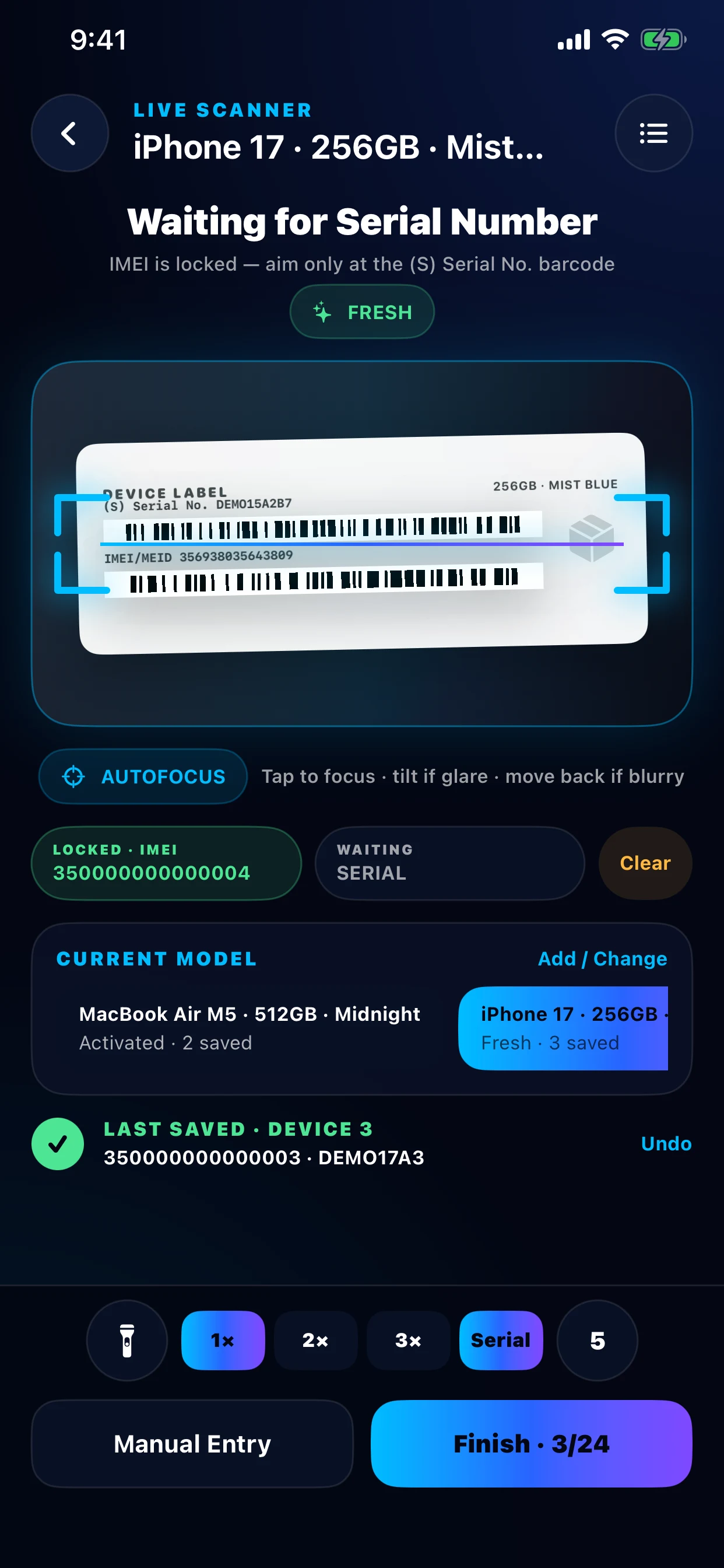 IMEI Barcode Scanner live scanning screen