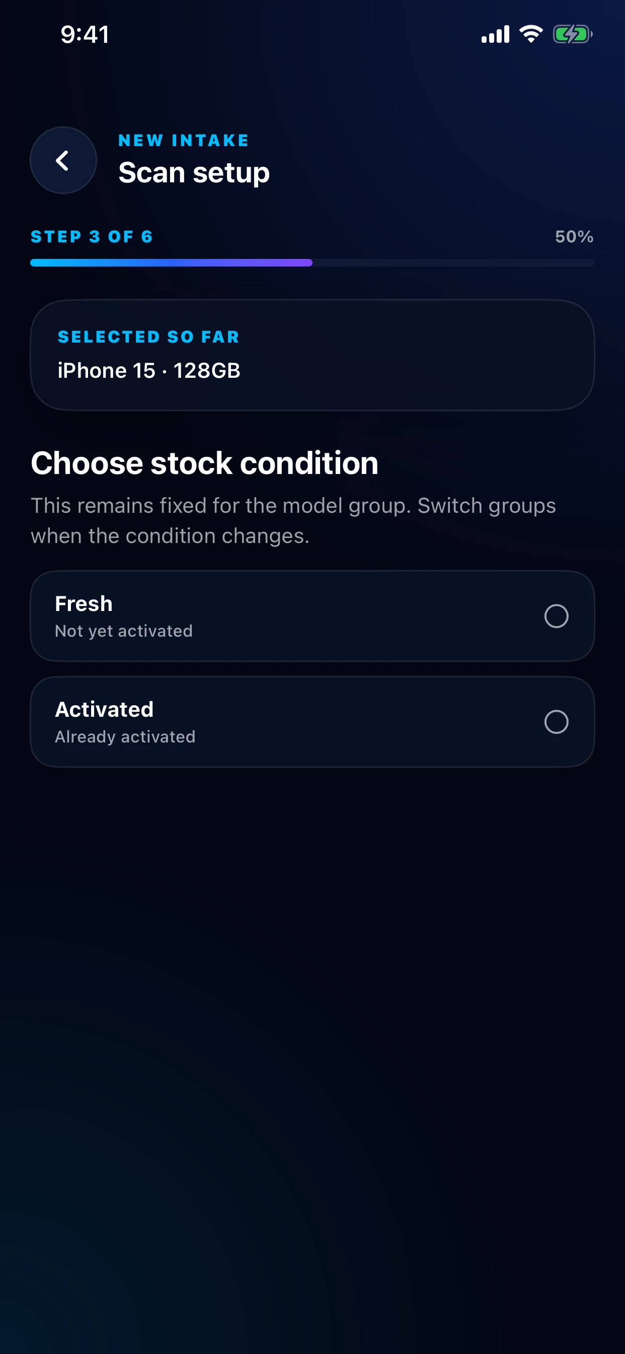 IMEI Barcode Scanner guided device setup screen